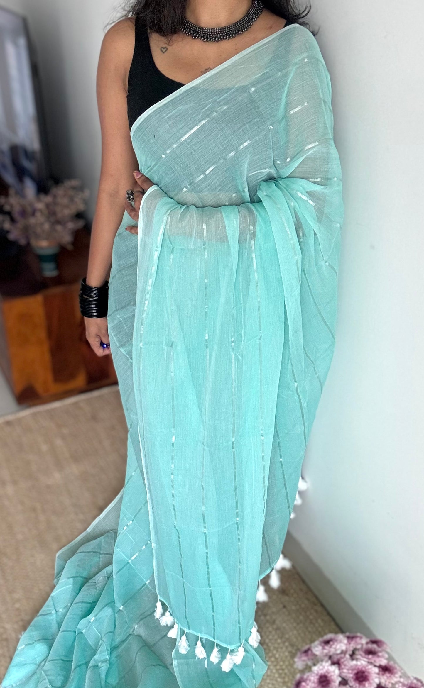 Aqua Frost - pastel aqua blue with silver zari stripes, mul cotton - YCBCJULMS07