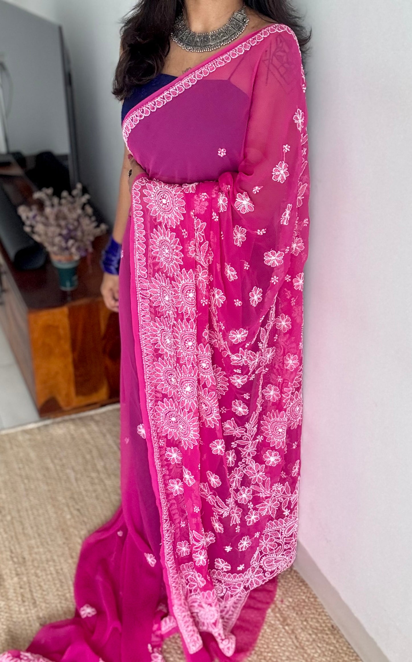 Sham-e-Shahzadi (evening of a princess) - Hot pink Chikankari, georgette YCSLCJULCK04
