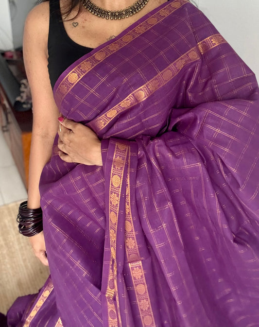 Purple adayar gold zari kattam, sungudi cotton - YCCOTNOCSC49