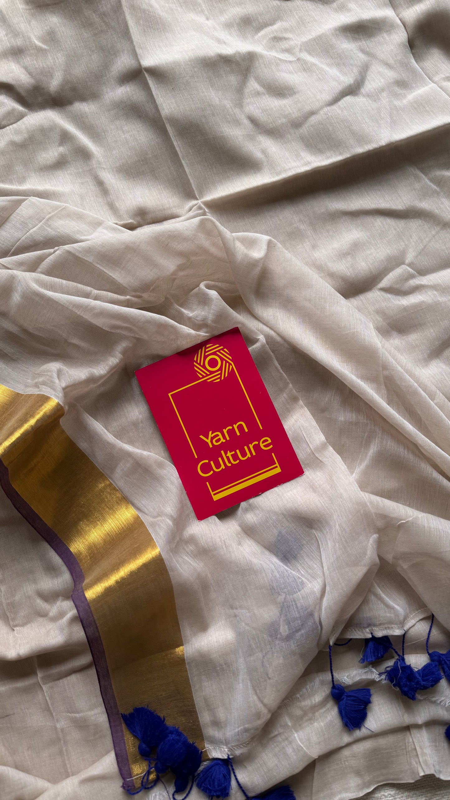 Greyish ivory with violet and gold zari border, mul cotton - YCONBCM221