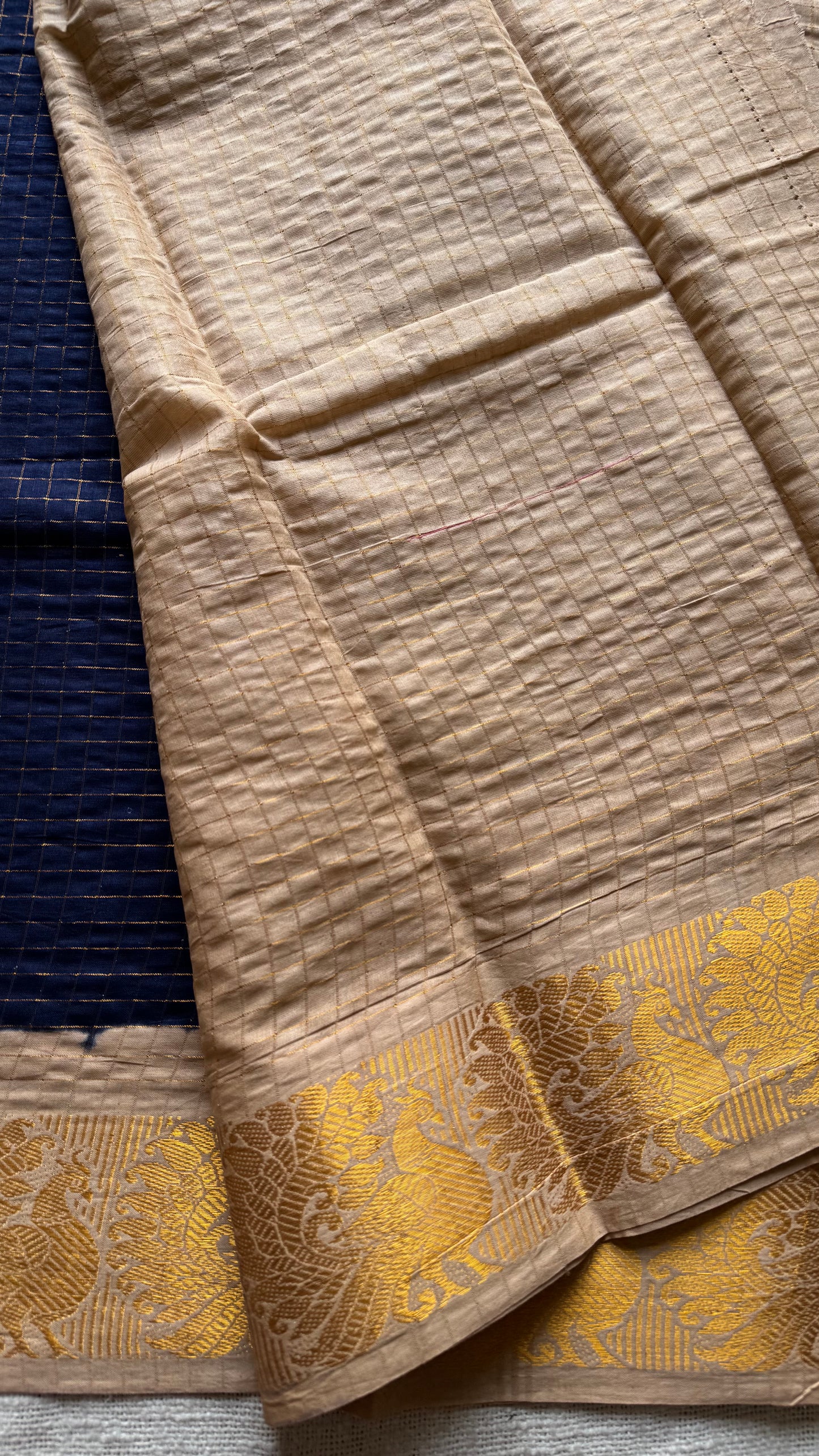 Navy blue with cream checkered sungudi, madurai cotton - YCCOTNOCSC24