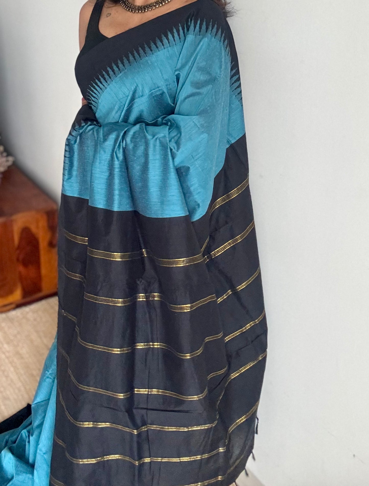 Blue with black temple border - cotton silk - YCCOTNOCKCS2