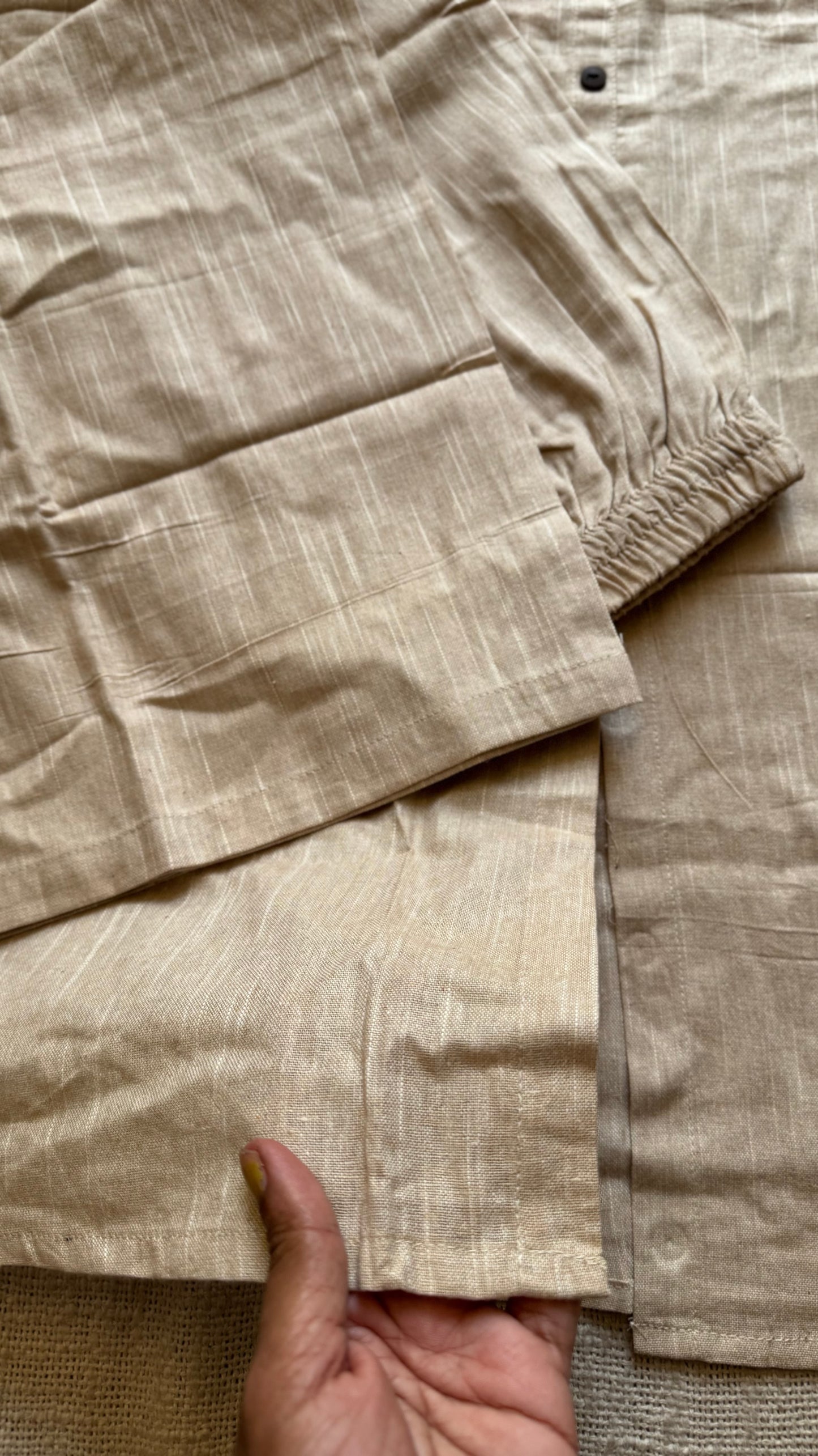 Cream cotton collared stitched kurta co-ord set, elbow sleeves - YCSEBPSFE244