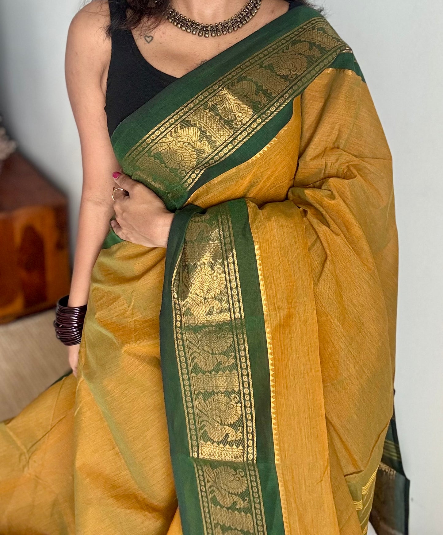 Brownish yellow with green contrast border, chettinad cotton - YCCOTNOCCC01