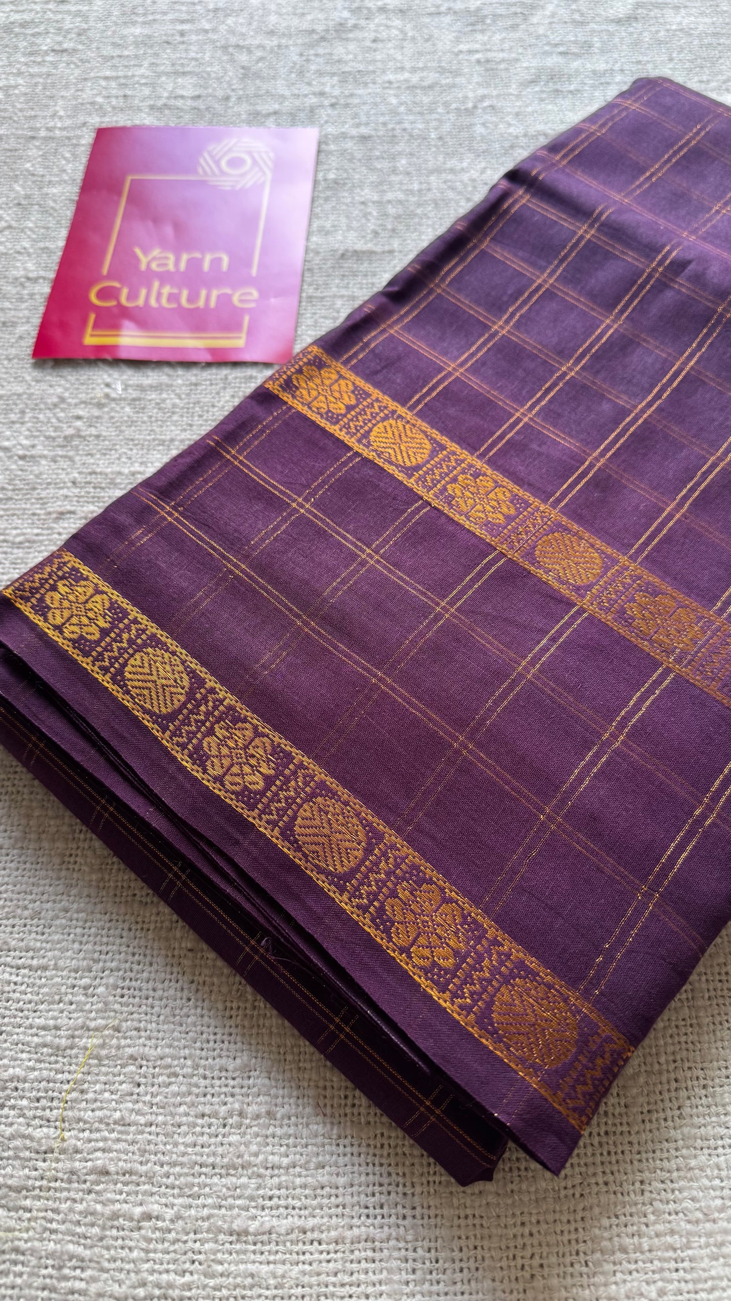 Purple brown adayar gold zari kattam, sungudi cotton - YCCOTNOCSC50