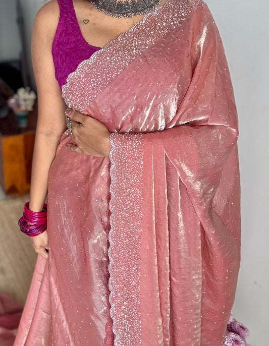 Blush Glow - salmon pink metallic dual tone space silk, jarkhan stone work - YCDOSNO36