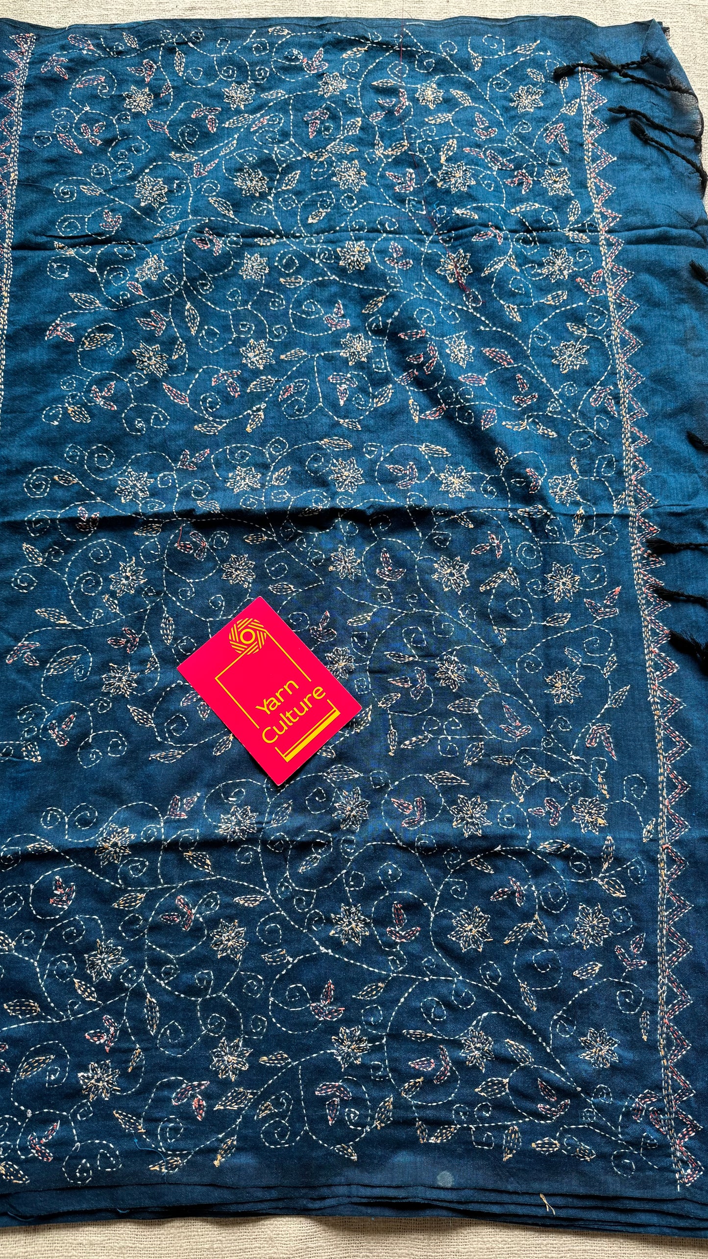 Morupankhi (মরুপঙ্খী) - Peacock Feather, peacock blue kantha weave in soft khadi cotton - YCBCSEKC06