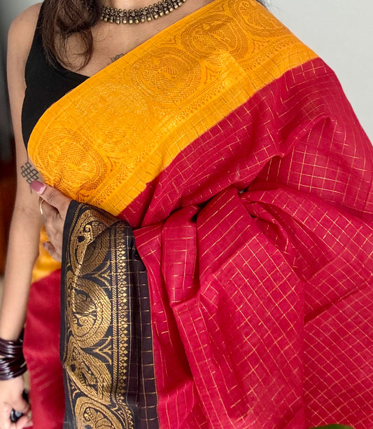 Sungudi cotton checks, red base, yellow and black dual tone border, soft cotton - YCCOTNMSJUL10