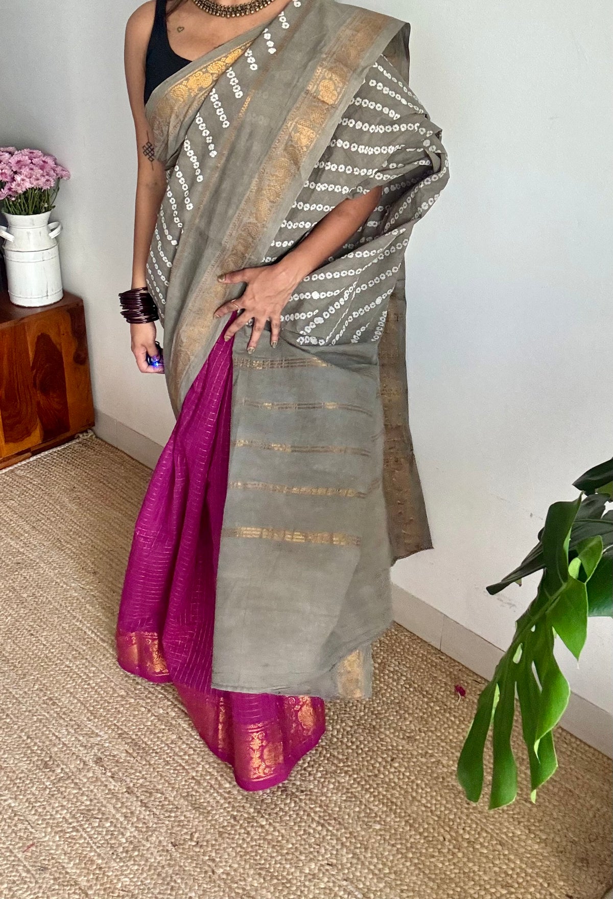 Grey with purple pink (vadamalli), cotton half and half saree - YCCOTNIDOC144