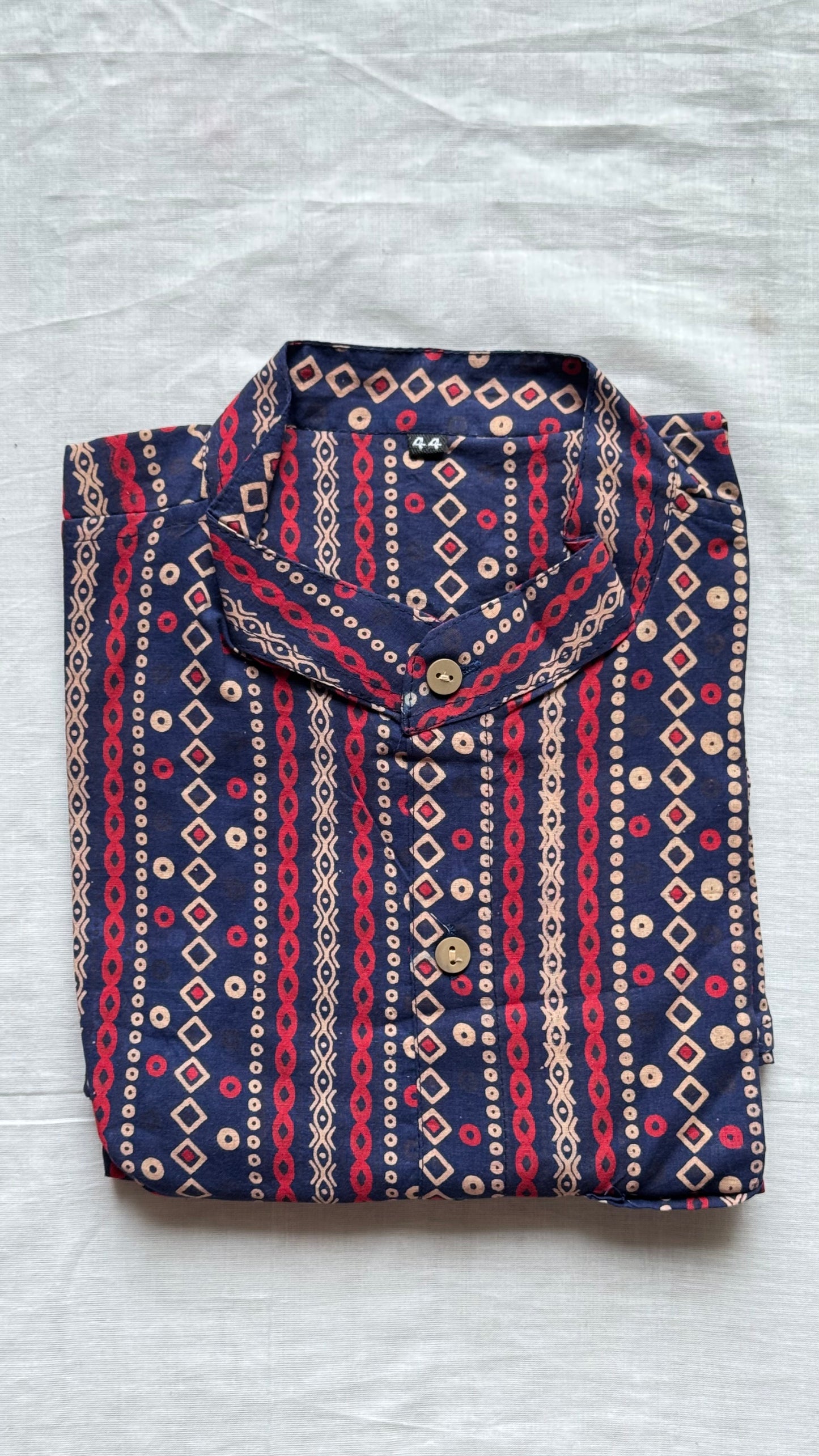 Dark Blue & Red Striped Block Printed Cotton Men's Mandarin Collar Kurta Shirt - YCMSEIE195