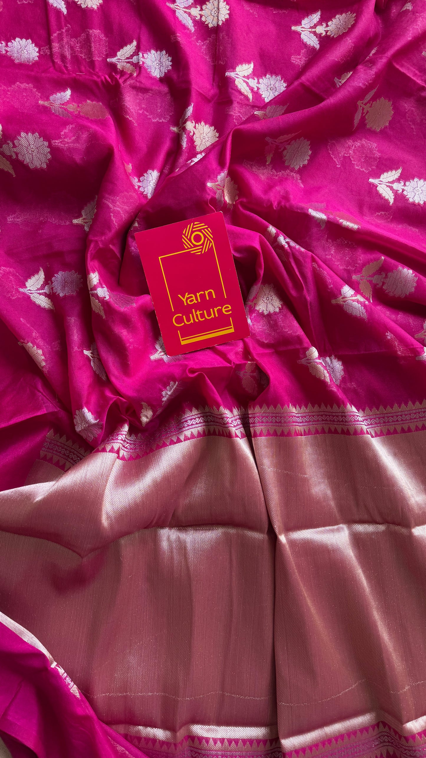 Rani pink with gold and silver floral buttas, Banarasi semi-crepe silk - YCDESE51