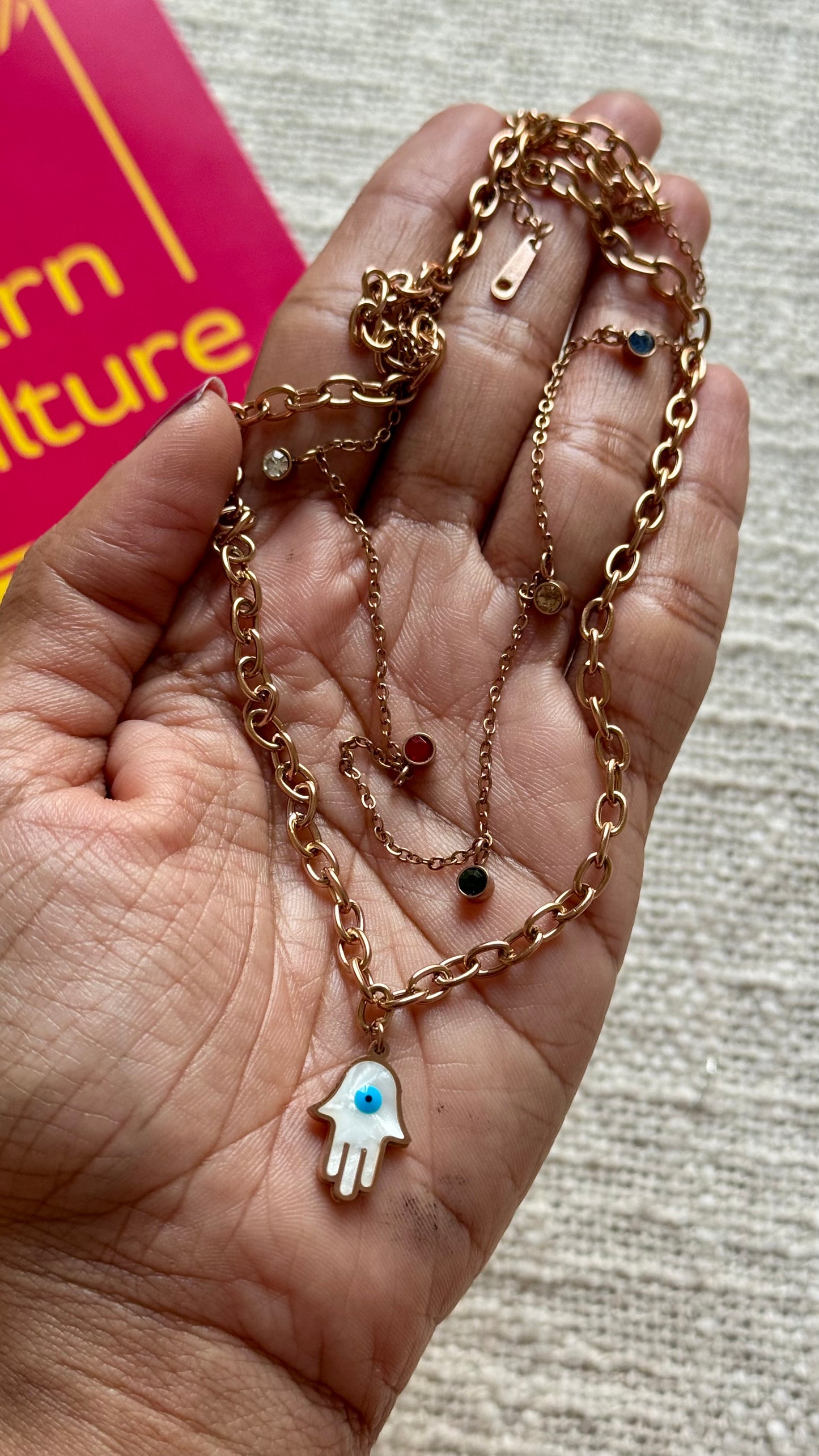 Rose gold plated double layered chain, multicoloured stones and charm - YCGPC436