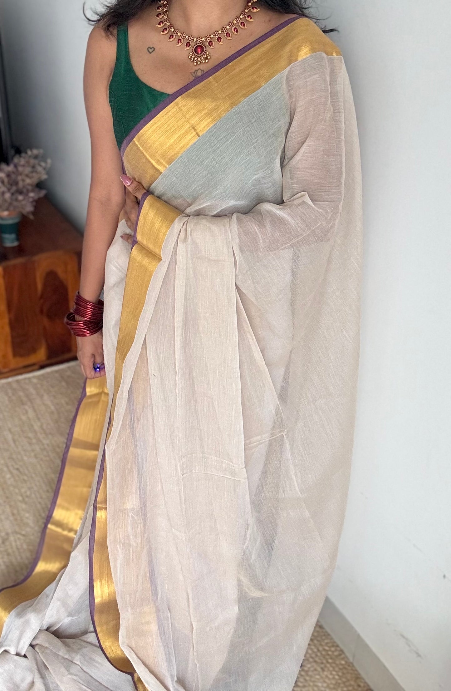 Greyish ivory with violet and gold zari border, mul cotton - YCONBCM221