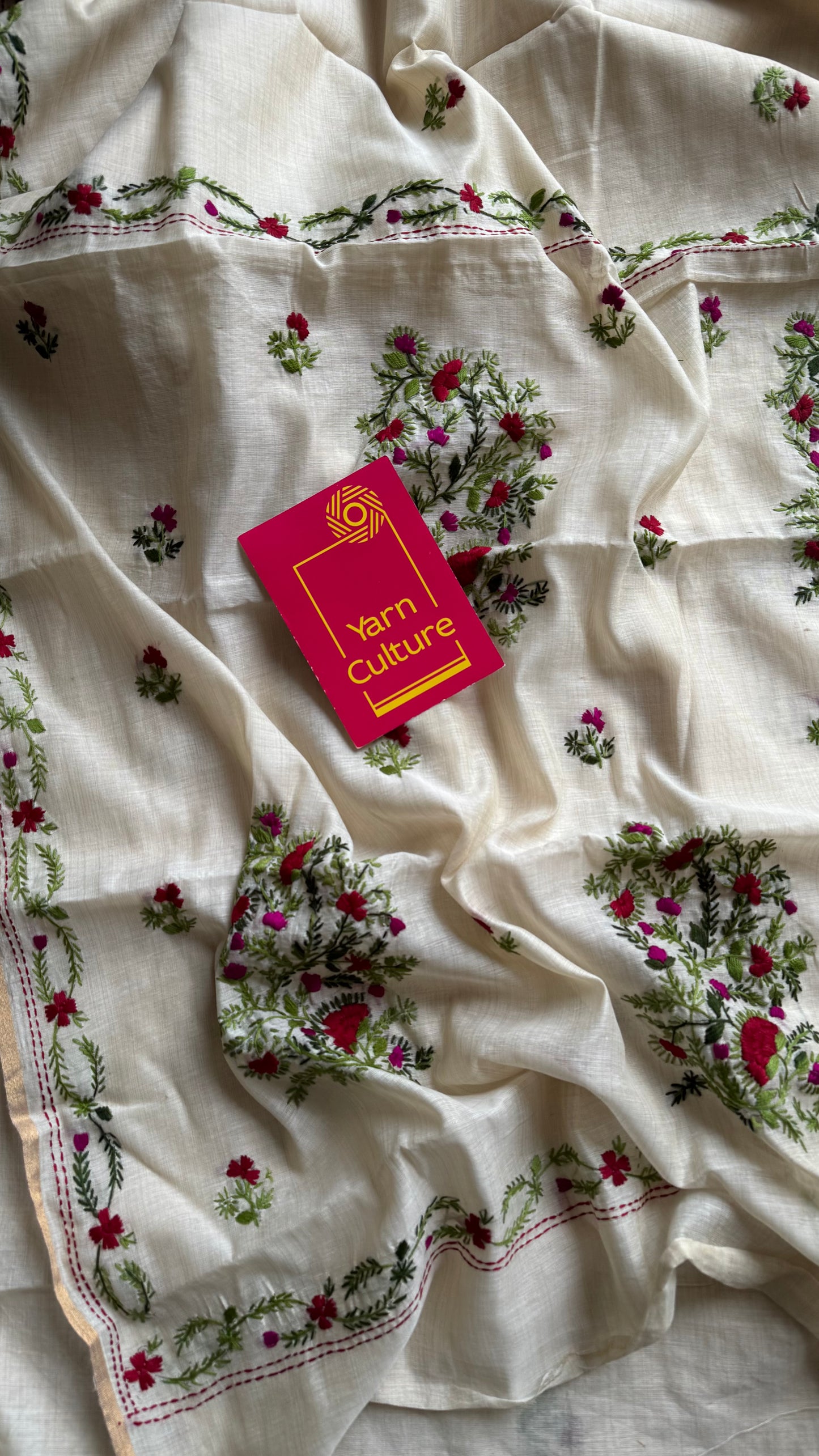 Ivory maheshwari cotton silk blend with red and magenta floral kantha threadwork - YCBLJULMK02