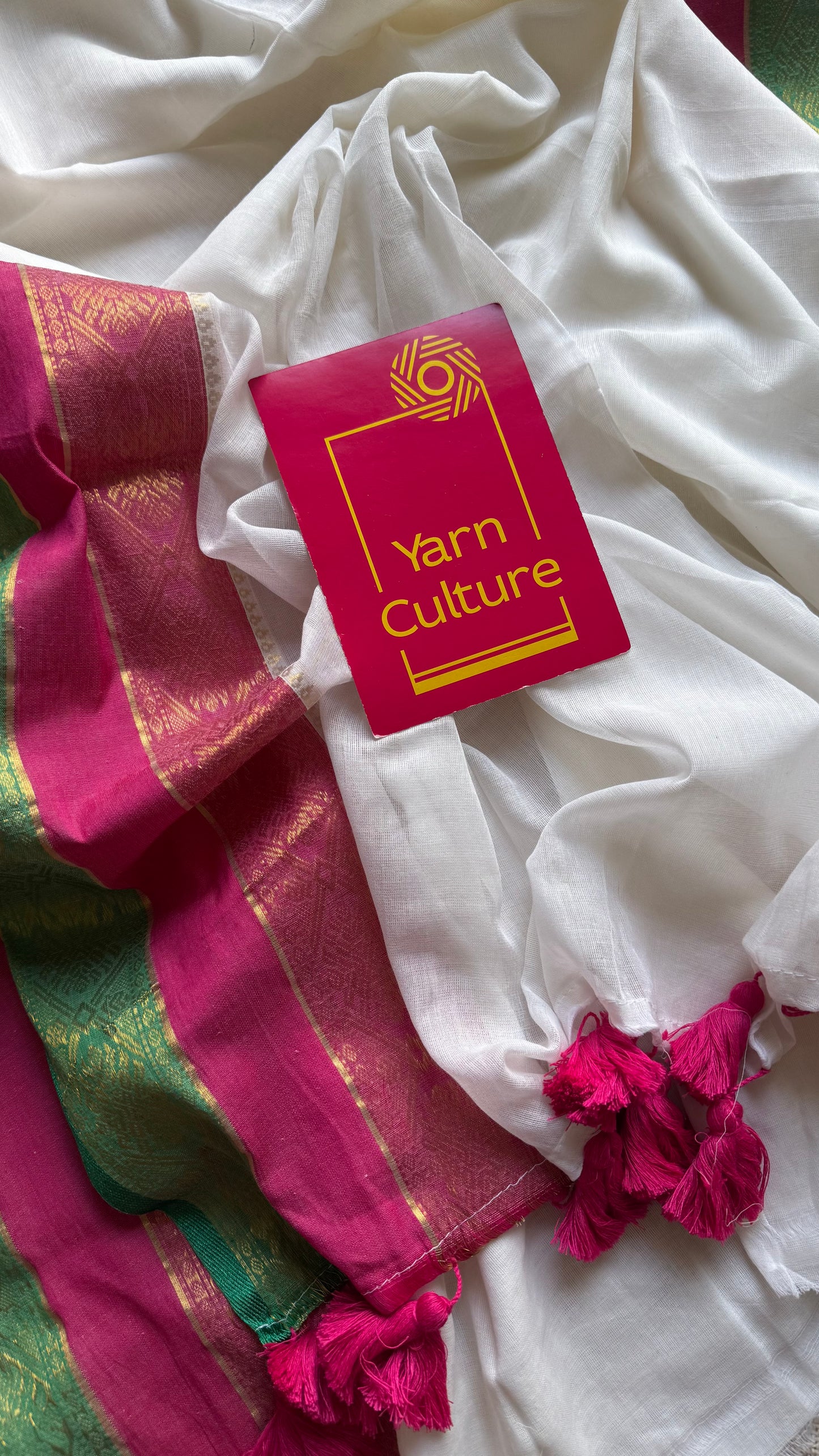 White mul with hot pink, green zari patterned border - YCBCMCLSE46