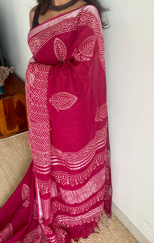 Cranberry red linen, white motif, silver zari border - YCTOROCBP60