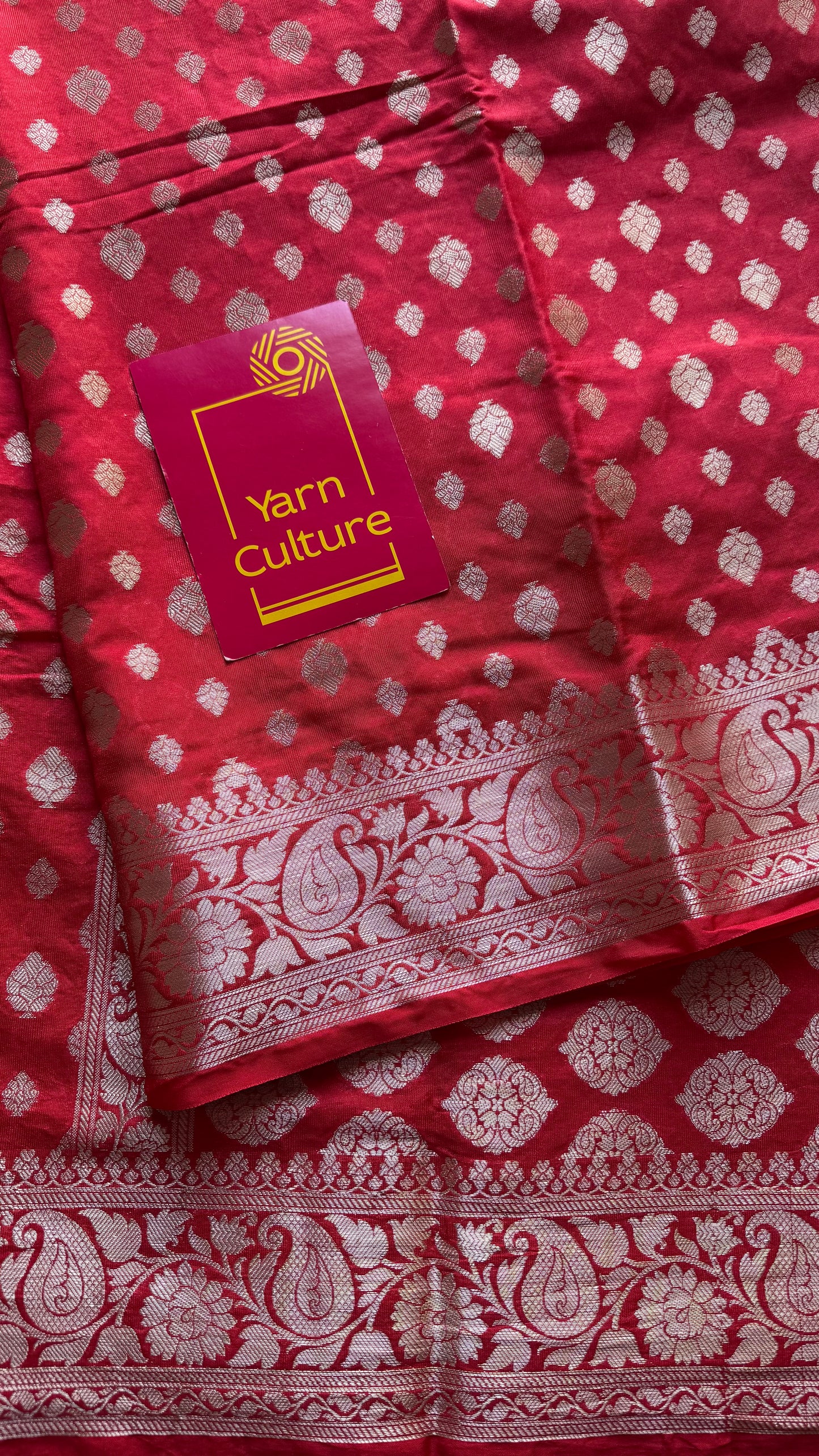 Chilli red, silver buttas and zari, Banarasi semi-silk - YCDESE37