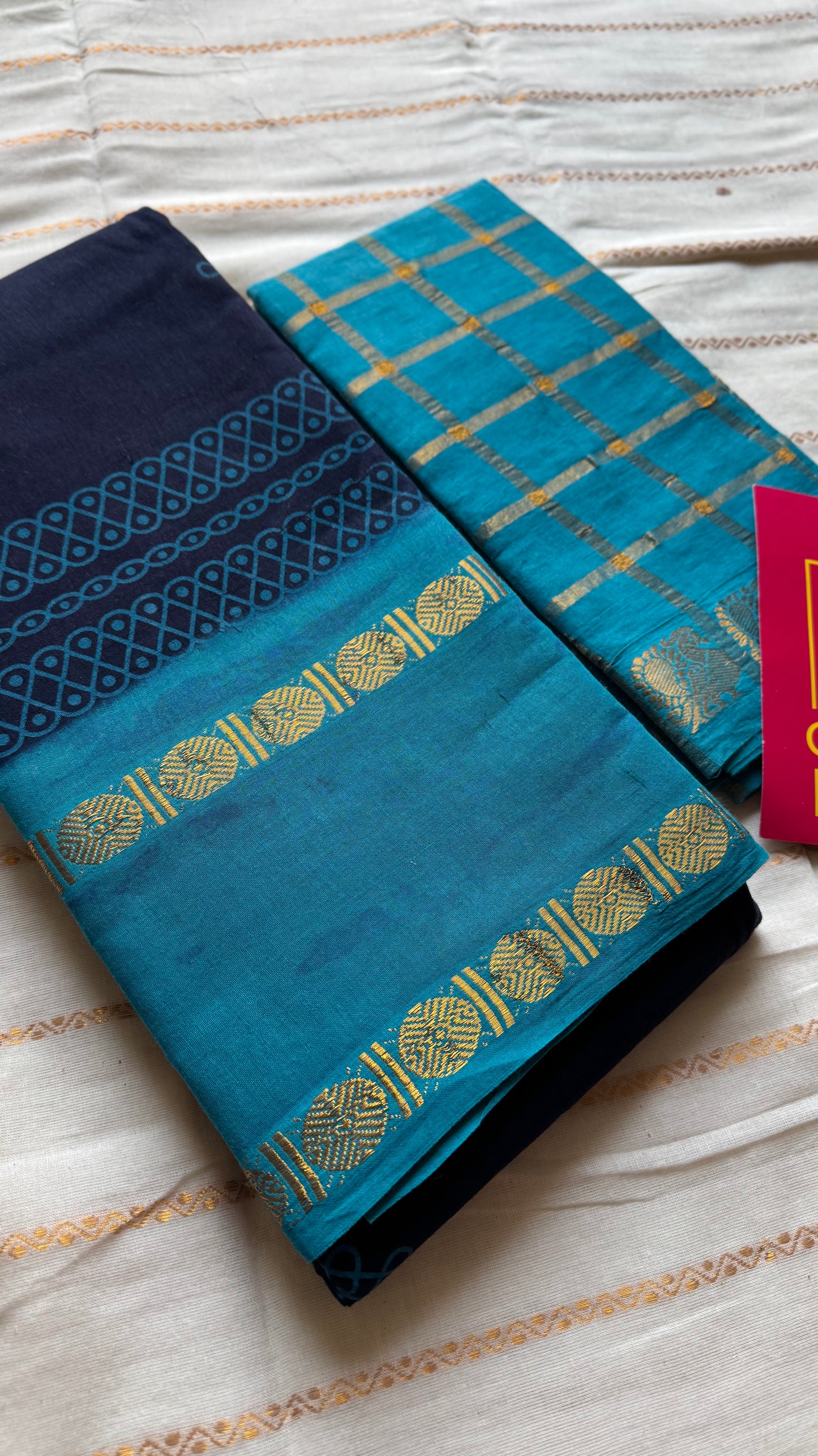 Dark blue with aqua blue, kolam print, rettaipettu gap border, madurai soft cotton - YCCOTNMSAP201