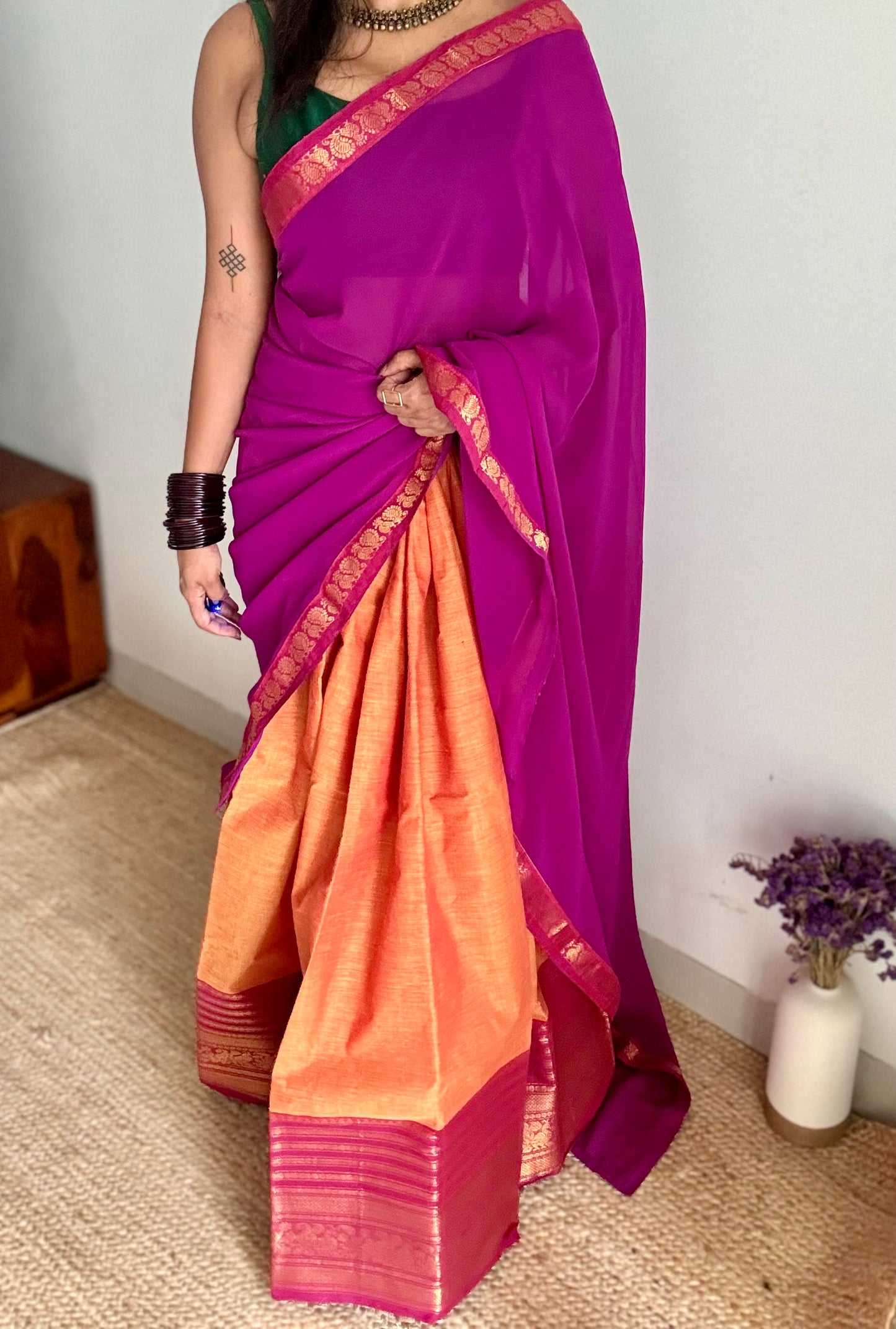 Orange - Magenta unstitched half saree material (dhavani), kanchi cotton - YCIEHS208