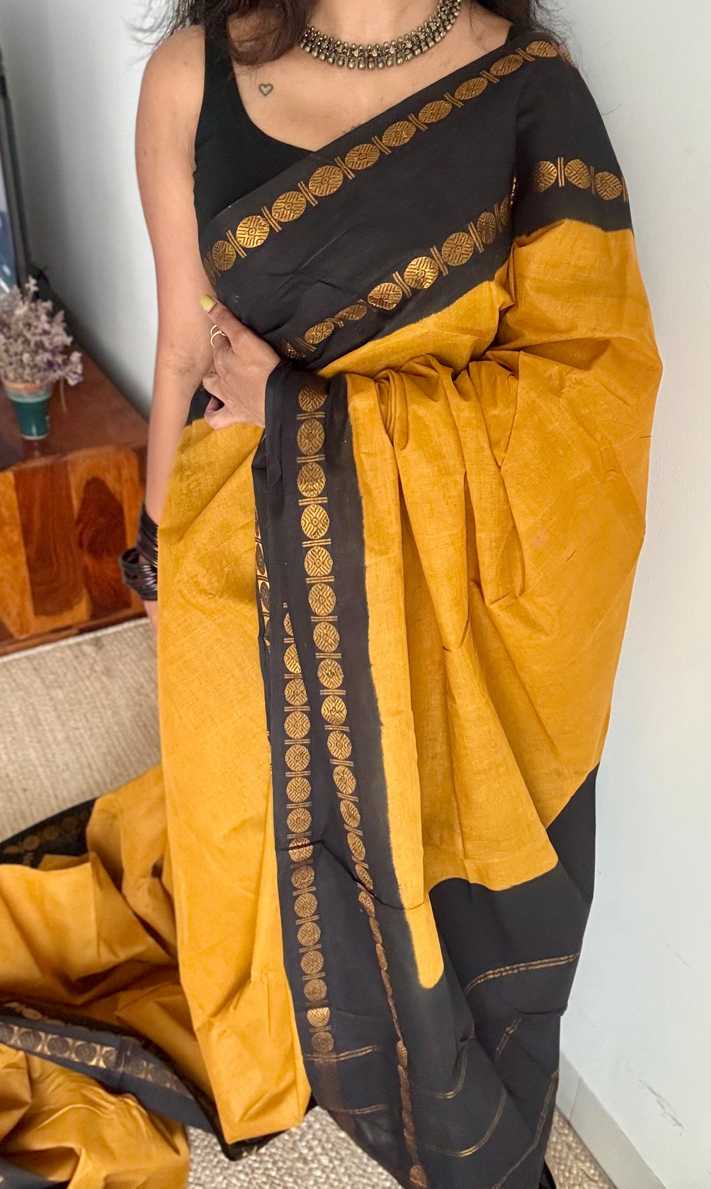 Turmeric yellow with black rudraksham motif border - YCCOTNSEMS53