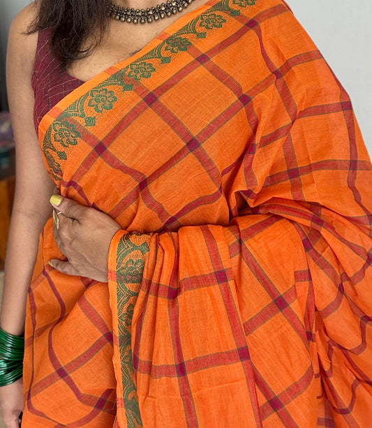 Orange Chettinad cotton saree with checks - YCCOTNCCFE147