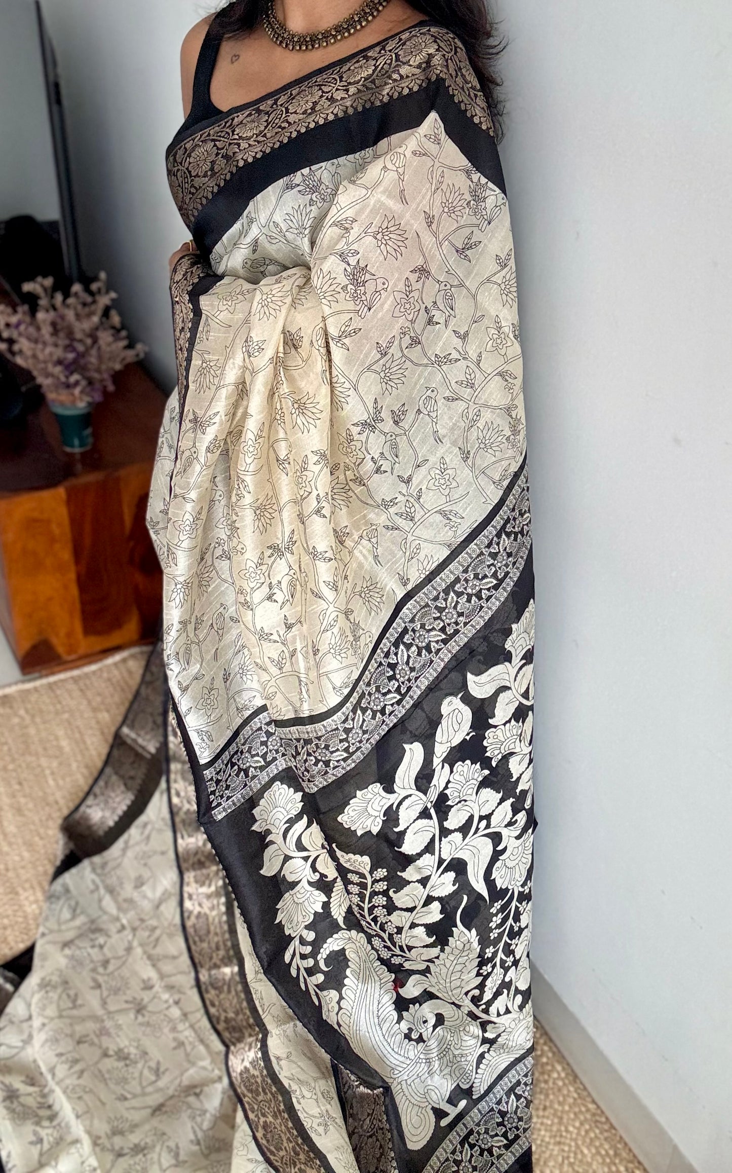 Off white and black, printed kalamkari, bird motif, semi-tussar - YCWOTDSTK06