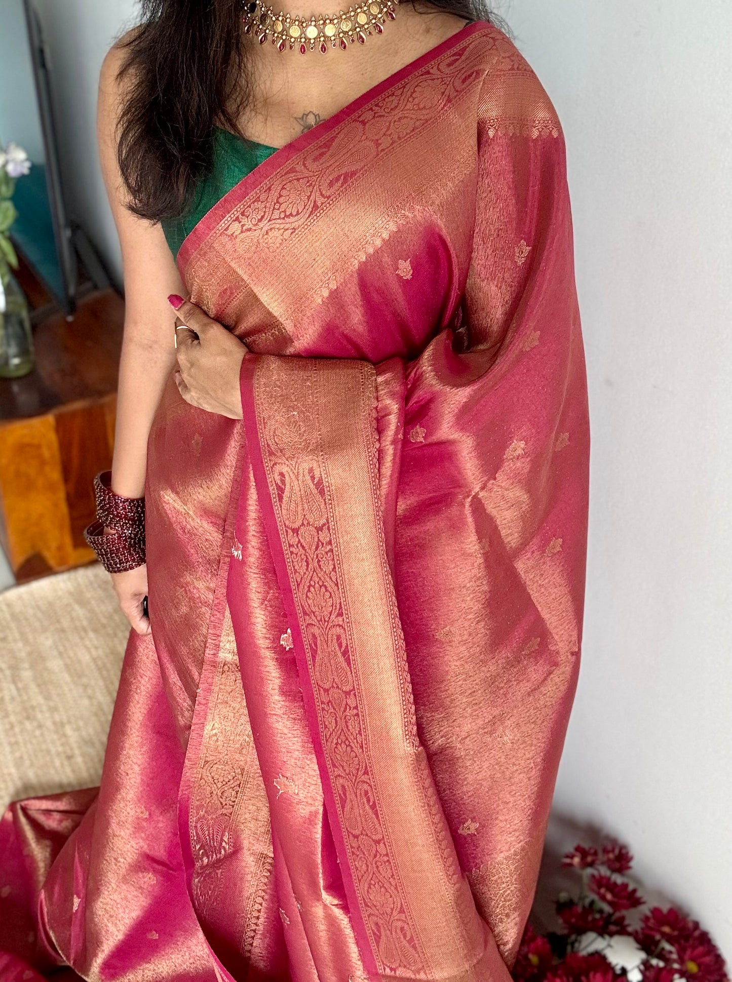 Red with gold dual tone, Banarasi tissue silk - YCDESE06