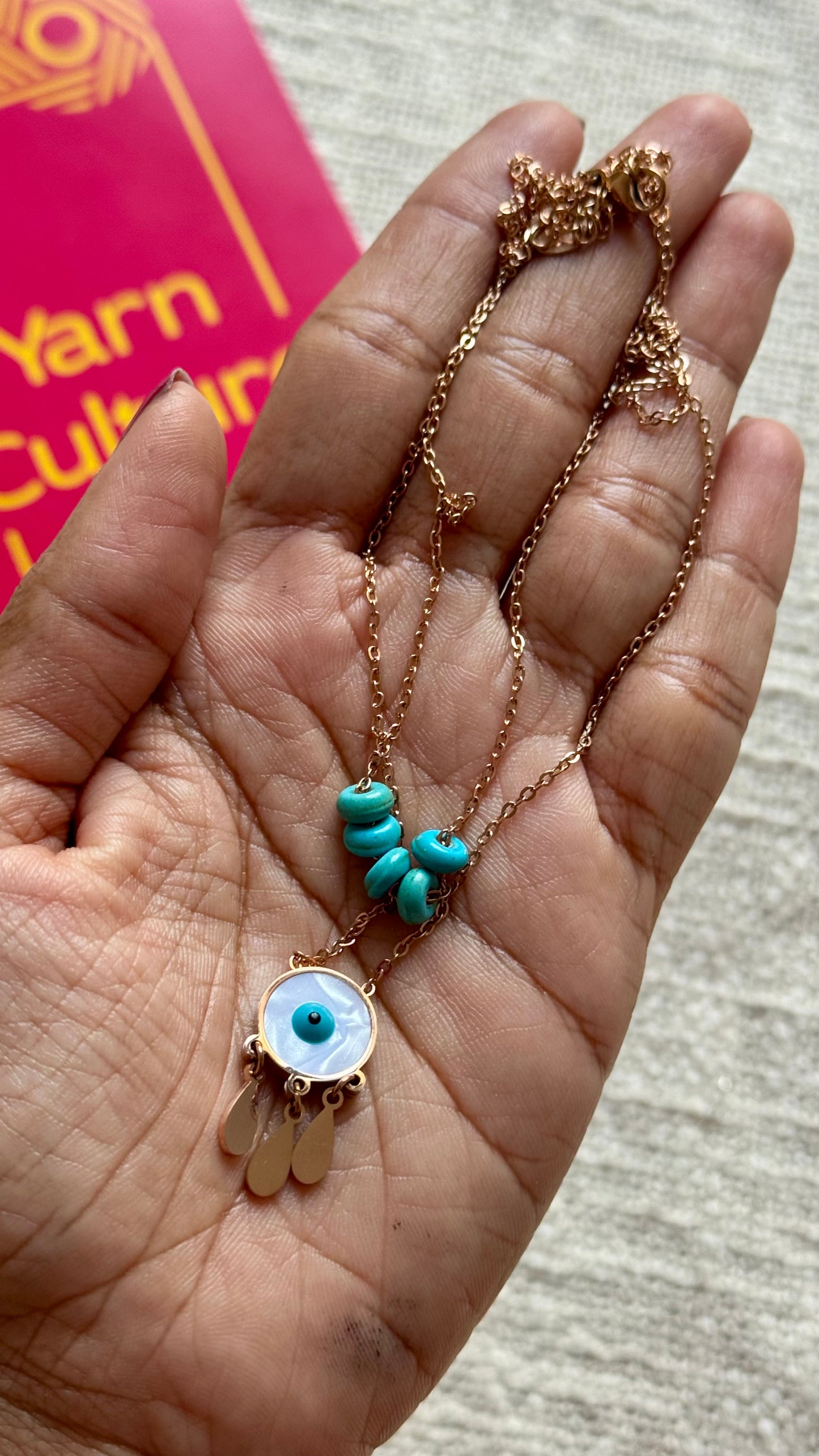 Rose gold plated double layered chain, turquoise beads and charm - YCGPC434