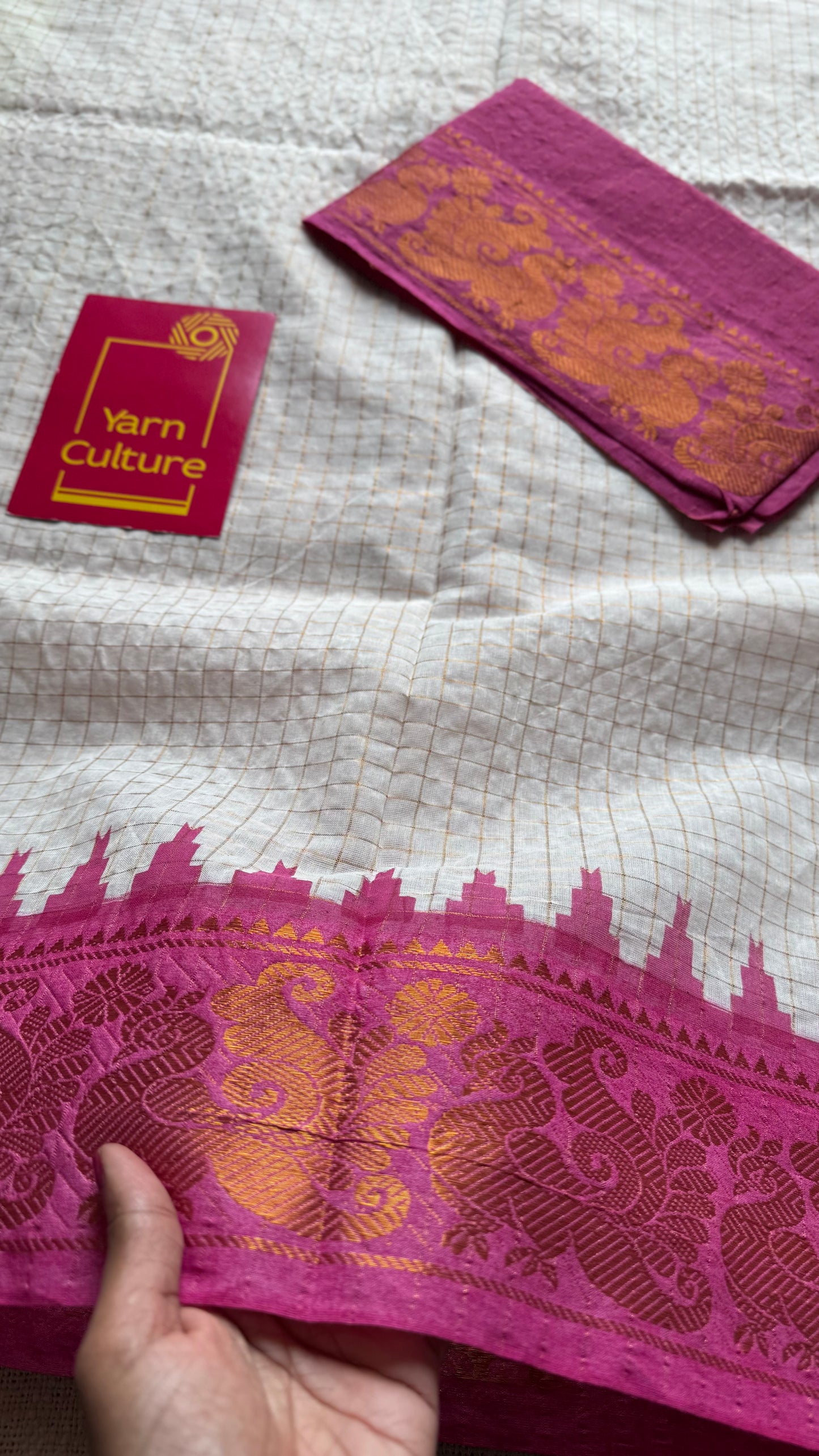 Sungudi cotton checks, ivory gold base, pink and blue dual tone border, soft cotton - YCCOTNAUS45