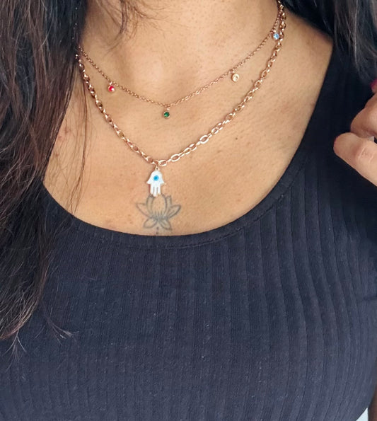 Rose gold plated double layered chain, multicoloured stones and charm - YCGPC436