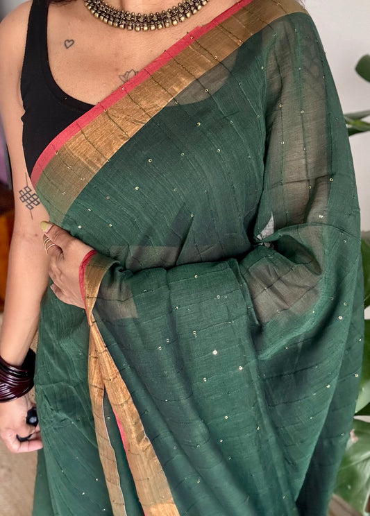 Dark green mul cotton saree with sequins and zari border - YCBCMCSE32