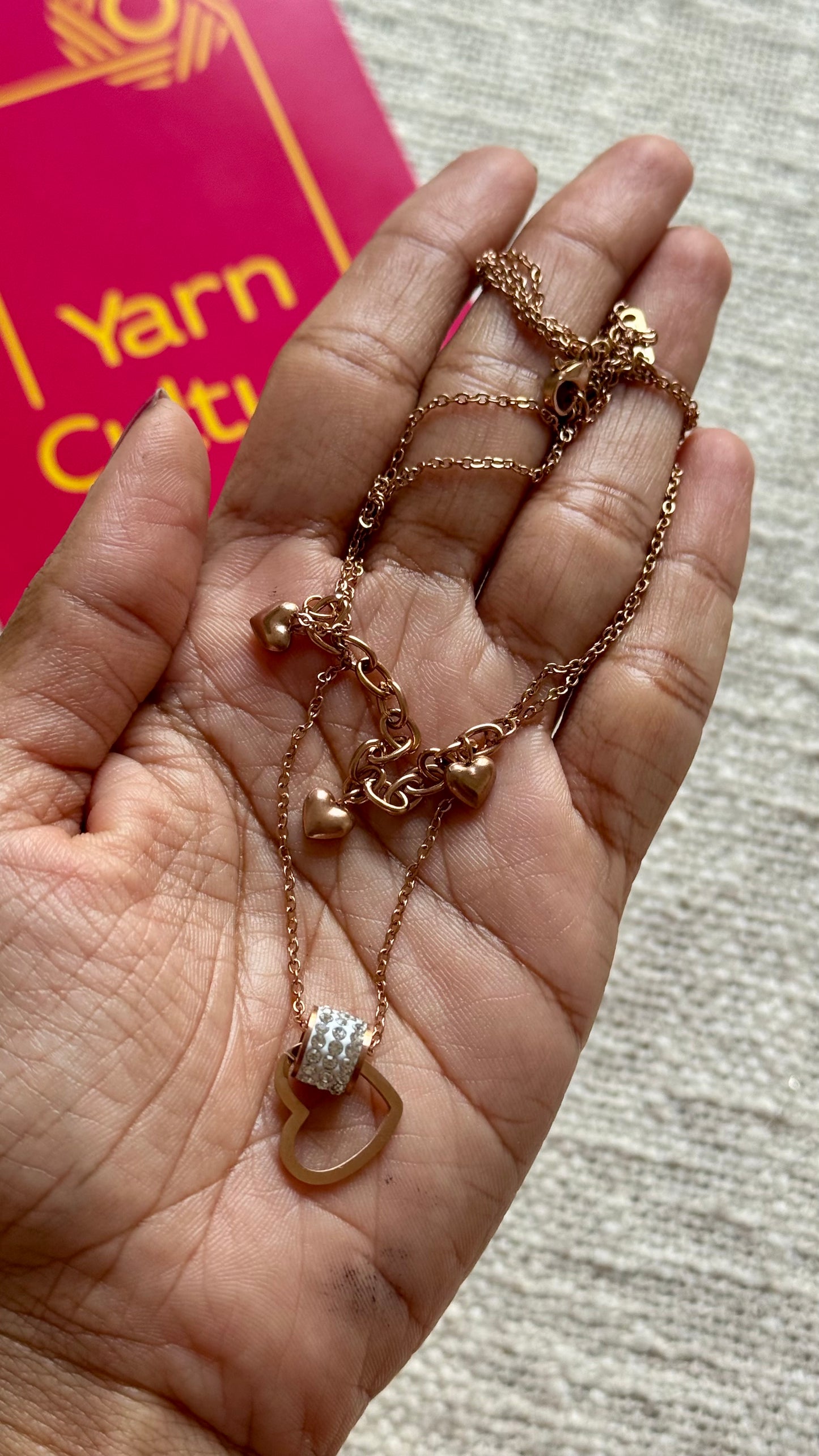 Rose gold plated double layered chain, hearts and white stones - YCGPC411