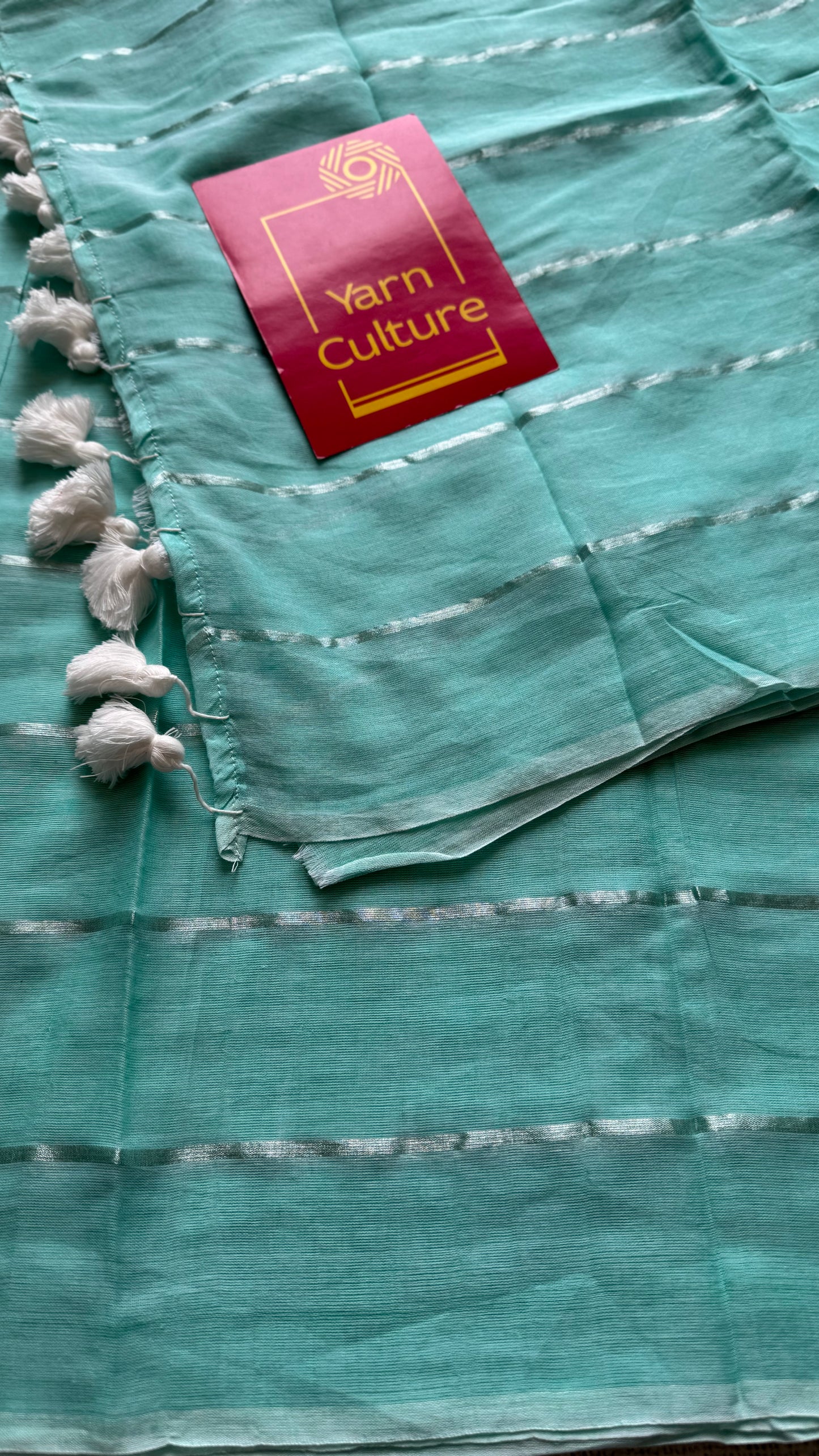 Aqua Frost - pastel aqua blue with silver zari stripes, mul cotton - YCBCJULMS07