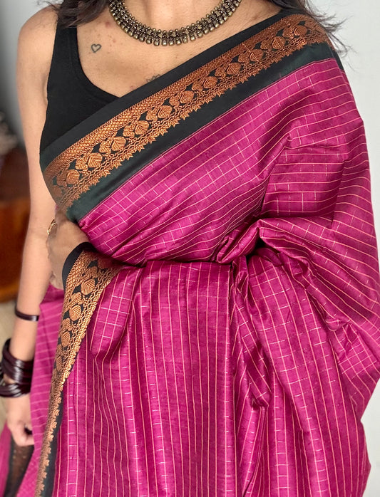 Dark pink with dark green, checks - cotton silk - YCCOTNOCKCS9