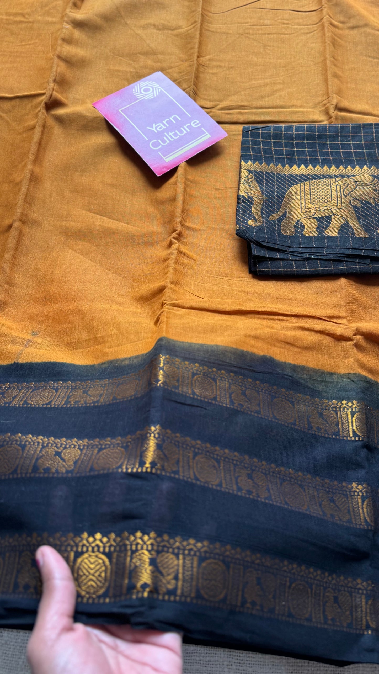 Turmeric yellow with black border, peacock and rudraksham motif, madurai soft cotton - YCCOTNJUSC01