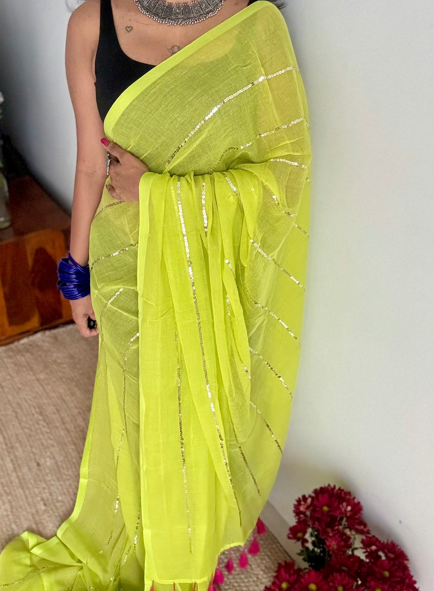 Lime green mul with silver sequins - YCBCMCLSE60