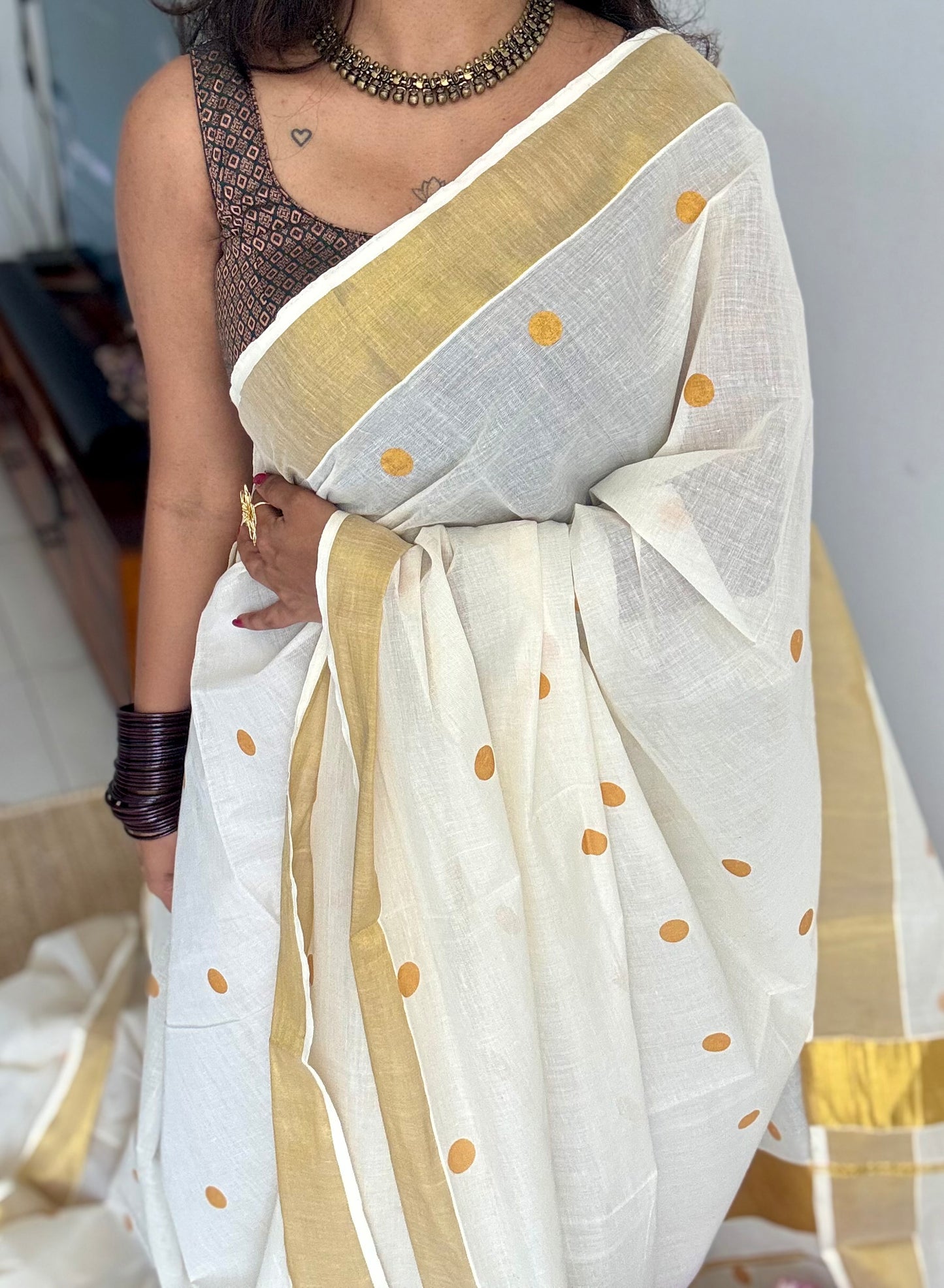Ivory and gold with buttas, kerala soft cotton - YCON25KCPD253