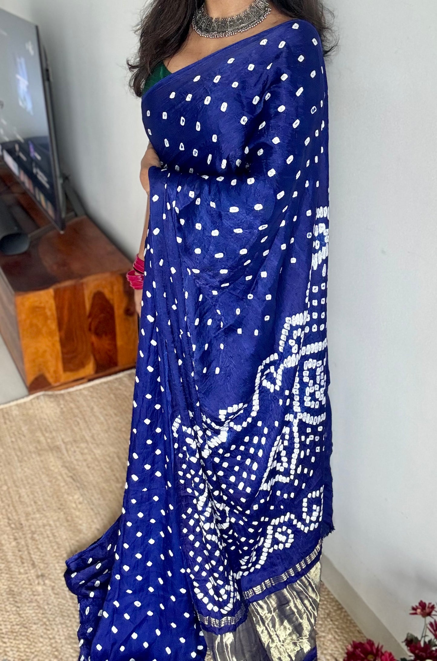 Royal blue crushed bandhani modal silk with lagdi patta (zari pallu) - YCDESE27