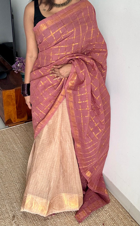 Onion pink with cream, sungudi cotton half-half saree - YCCOTNMSFE360