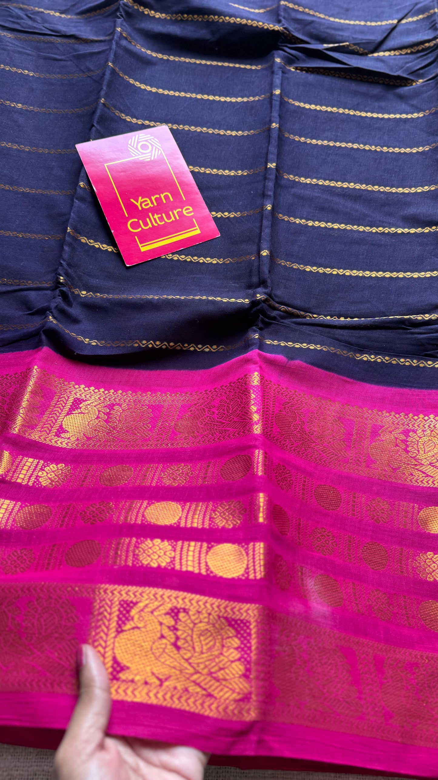 Dark blue with hot pink, peacock rudraksham motif, single side broad zari - madurai kattuchayam dyed - YCCOTNAUS24