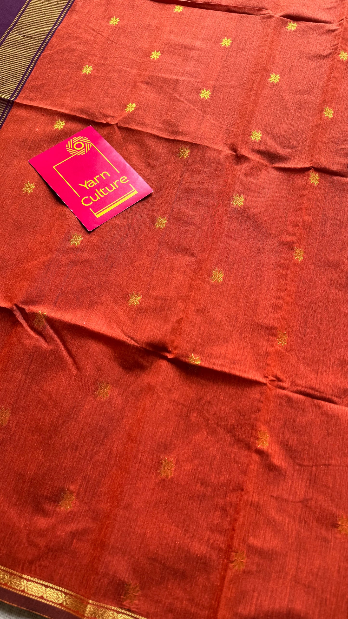 Orange with purple pink (vadamalli), gold buttas, semi maheshwari cotton silk - YCCOTNFEJUSM02