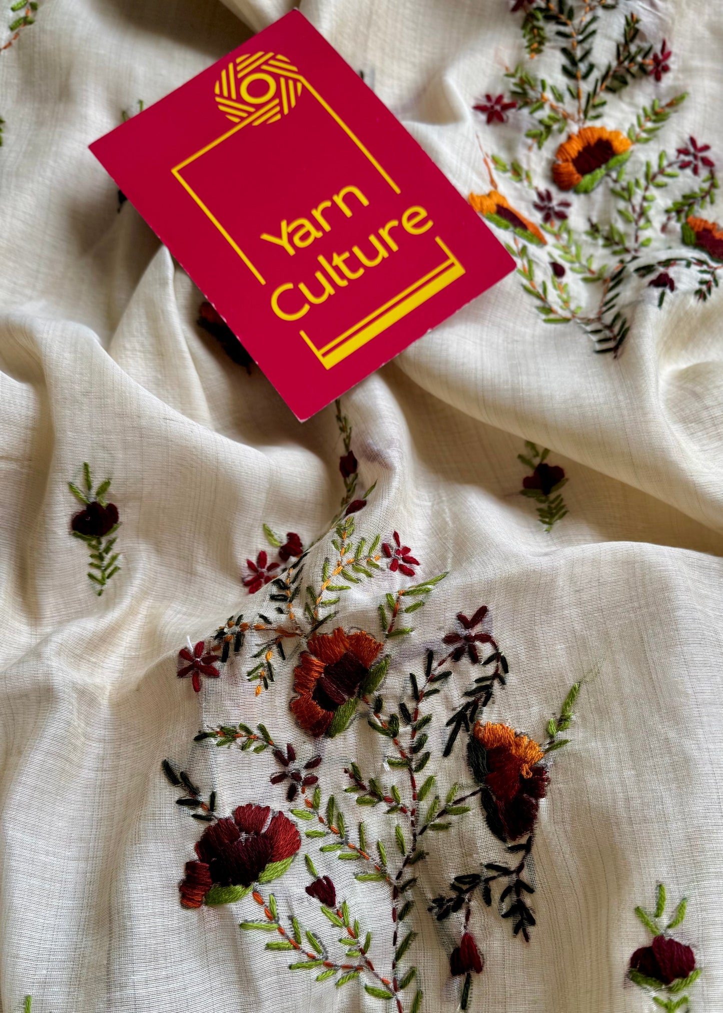Ivory maheshwari cotton silk blend with deep maroon and orange floral kantha threadwork - YCBLJULMK04
