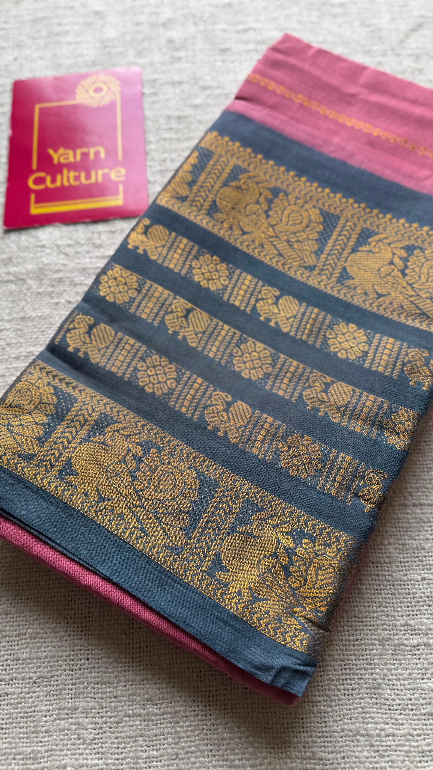 Pink with grey, peacock rudraksham motif, single side broad zari - madurai kattuchayam dyed - YCCOTNAUS32