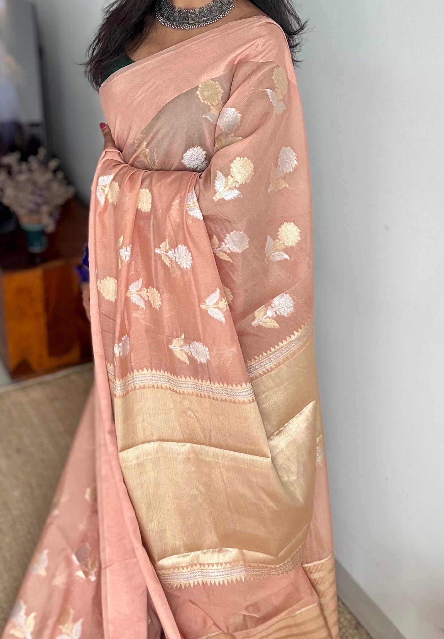 Salmon pink with gold and silver floral buttas, Banarasi semi-crepe silk - YCDESE53