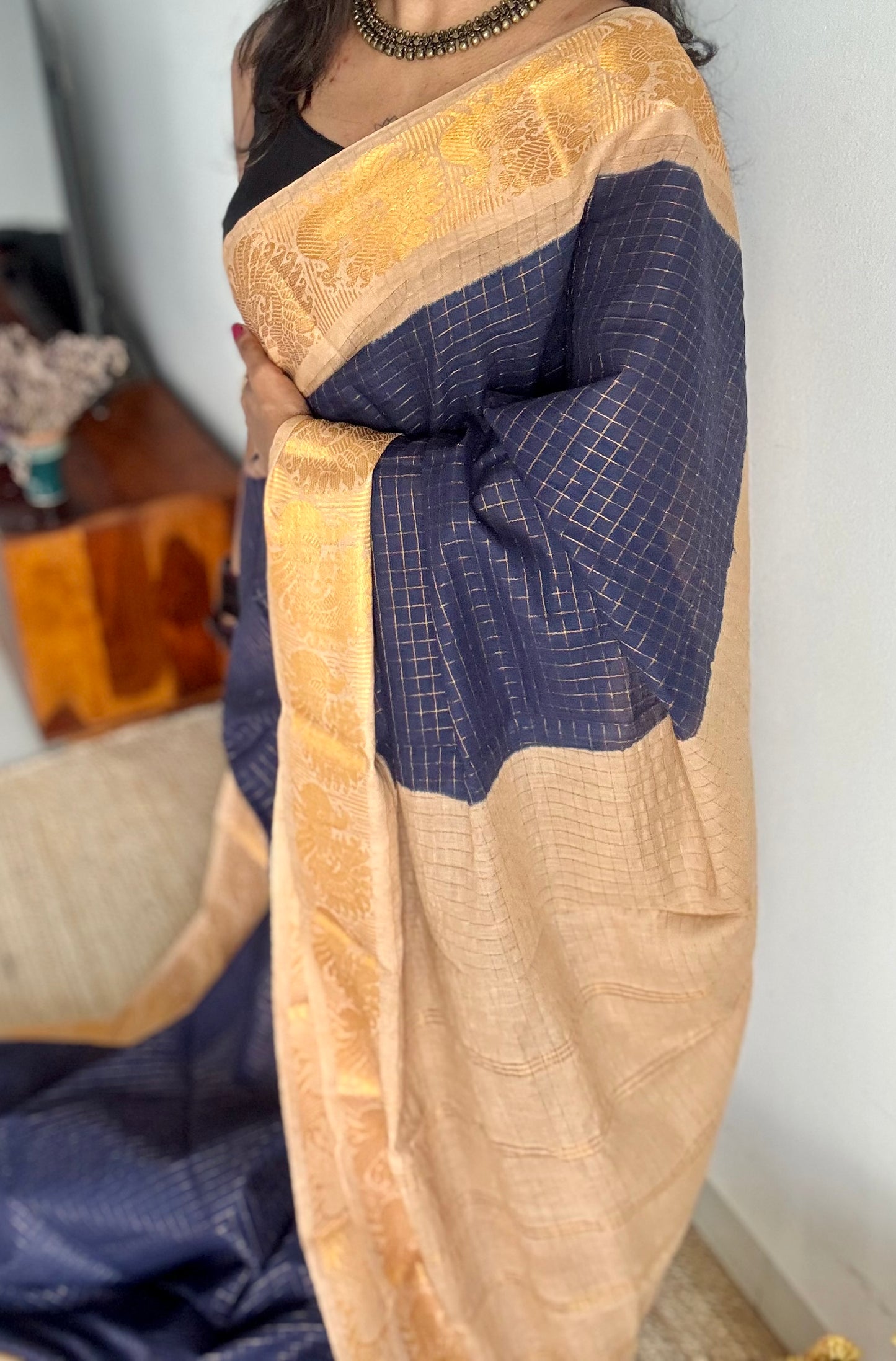 Navy blue with cream checkered sungudi, madurai cotton - YCCOTNOCSC24