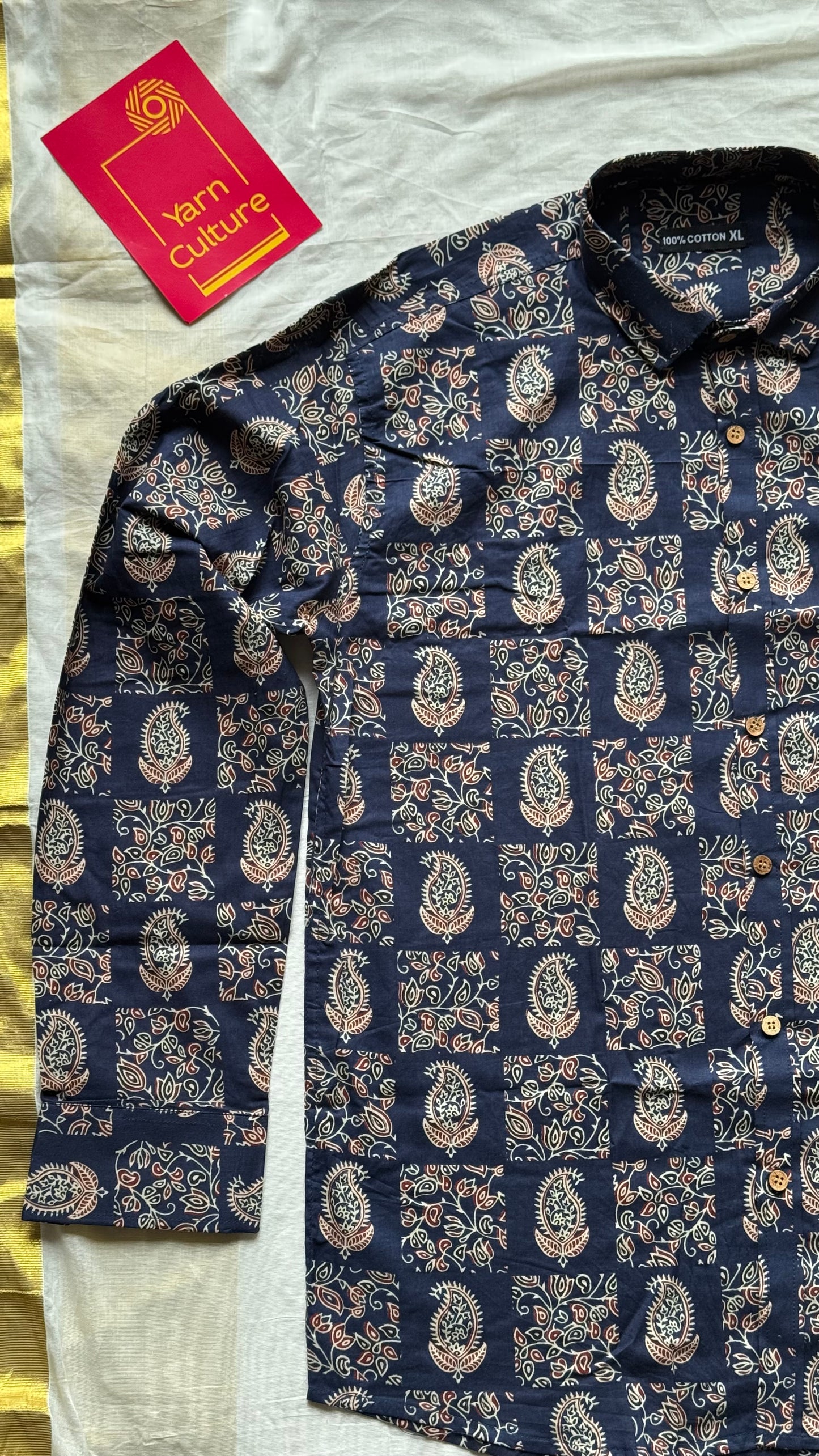 Navy Blue Paisley Block Printed Cotton Men's Full Sleeve Collared Shirt - YCMSEIE204