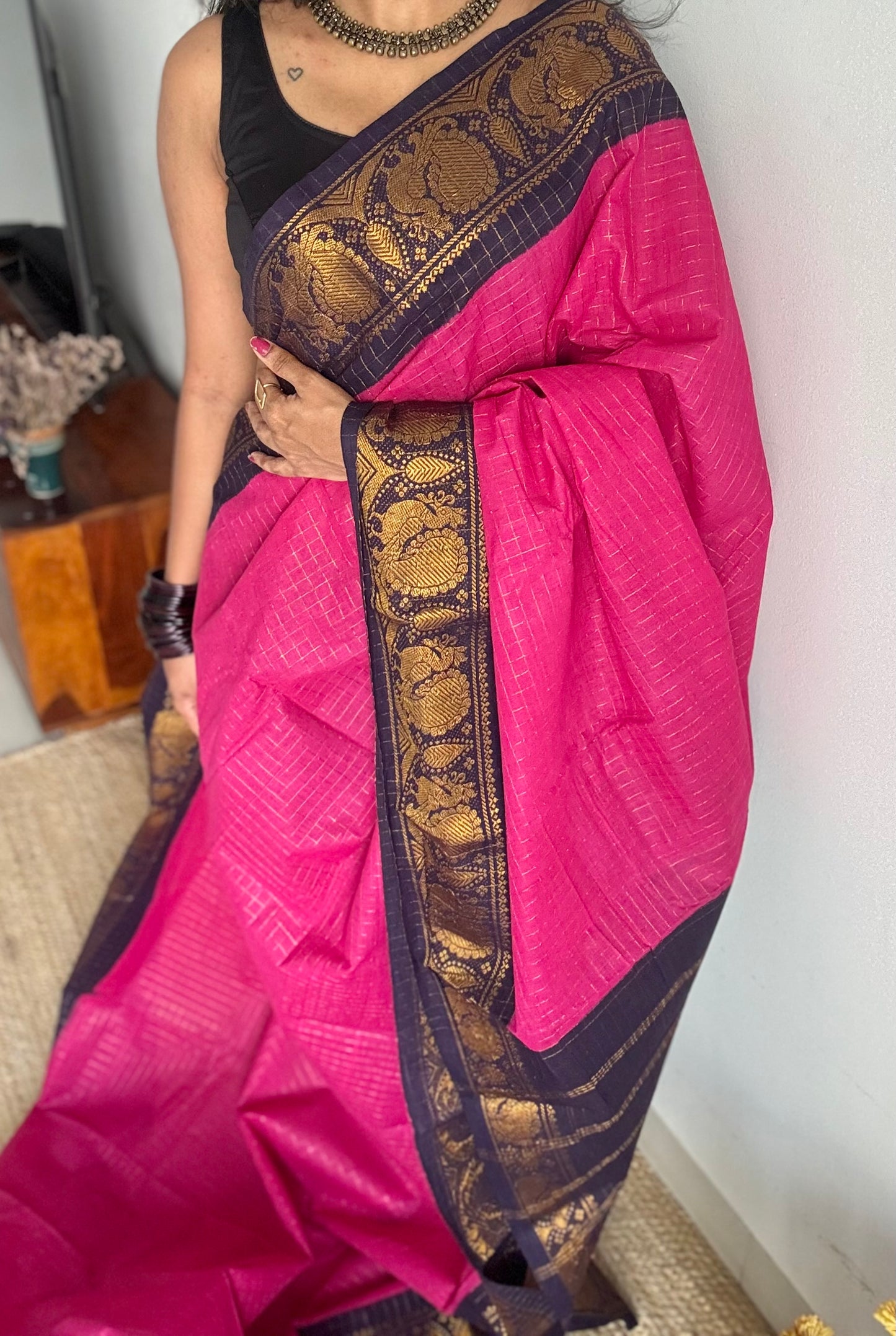 Dark hot pink with dark blue checkered sungudi, madurai cotton - YCCOTNOCSC22