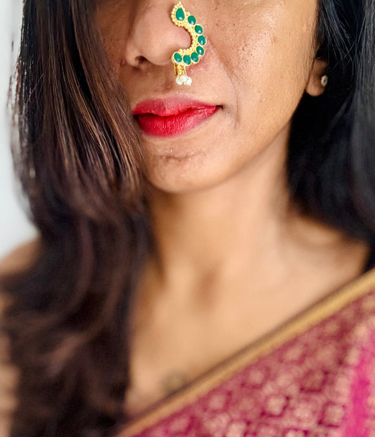 Gold plated, green stone, clip on Maharashtrian nath - YCGPNC206