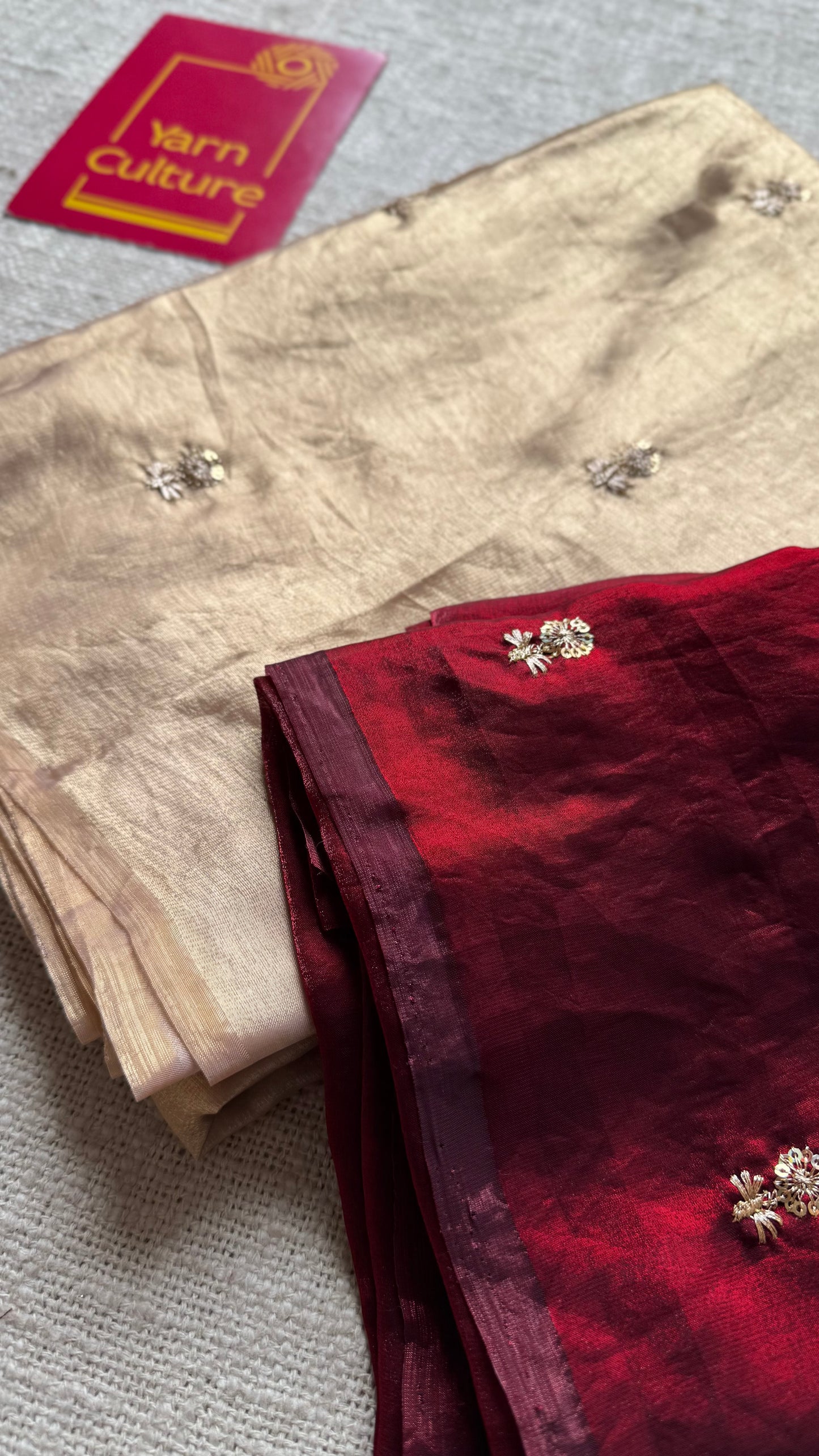 Light gold with a hint of pink, fendy satin with sequin work, contrast maroon blouse - YCDOSFE12