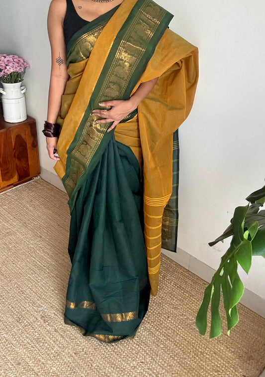 Ginger green with dark green, sungudi and chettinad cotton half and half saree - YCCOTNIDOC134